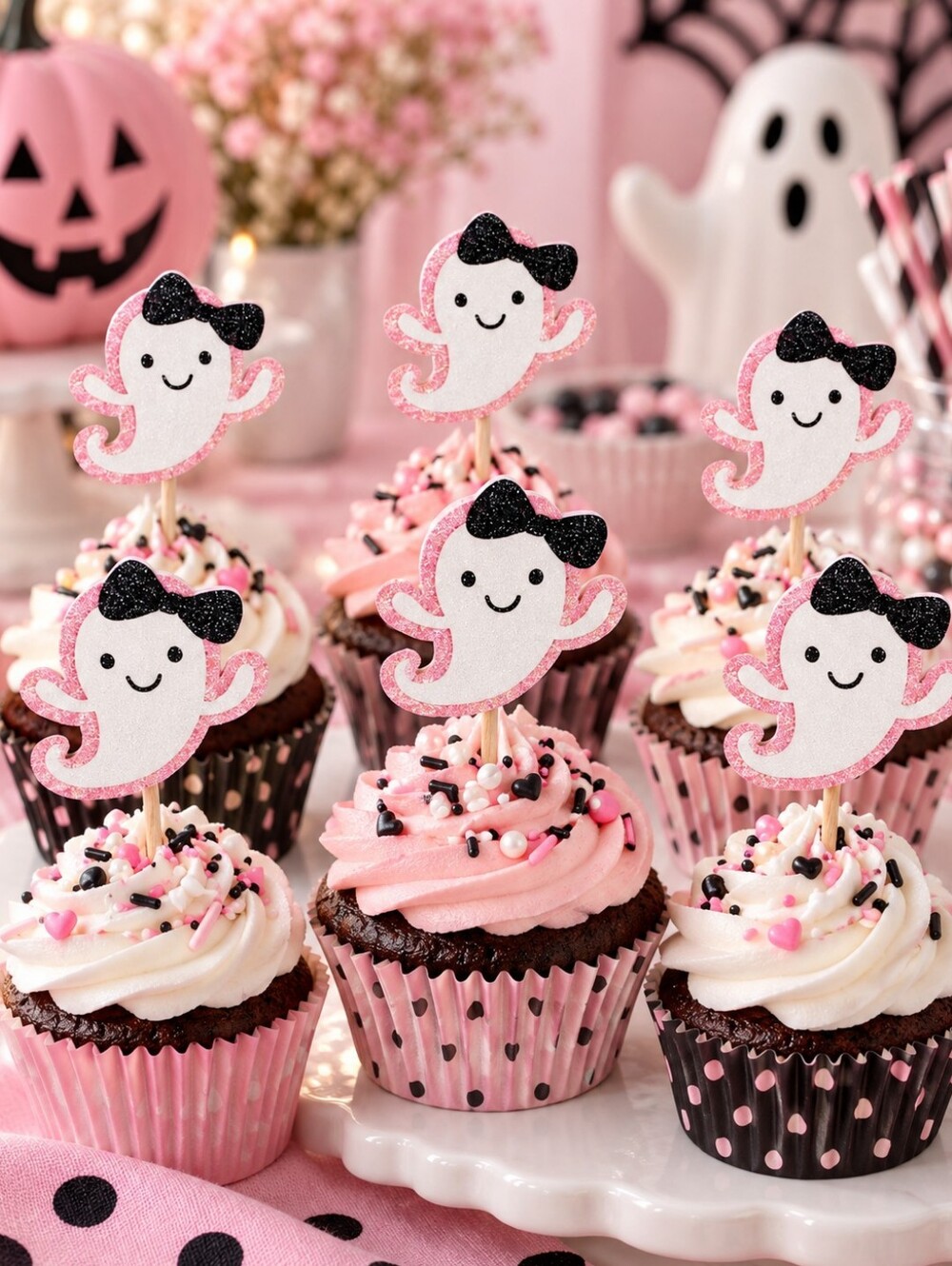 24 Pc Pink Glitter Ghost Cupcake Toppers Halloween Party Decorations New